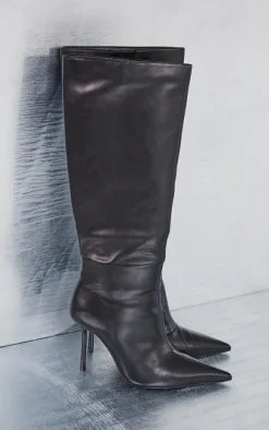 Black PU Point Toe Knee High Stiletto Heeled Boots