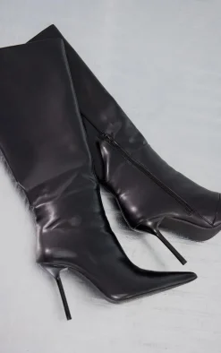 Black PU Point Toe Knee High Stiletto Heeled Boots