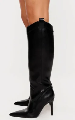 Black PU Point Toe Knee High Western Stiletto Boots
