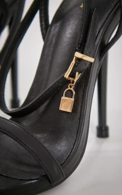 Black Pu Point Toe Lock Charm Heeled Sandals
