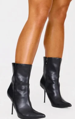 Black Pu Point Toe Mid Heeled Ankle Boots