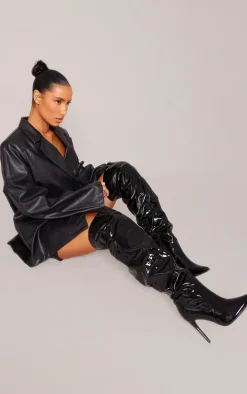 Black PU Point Toe Ruched Over The Knee High Heeled Boots