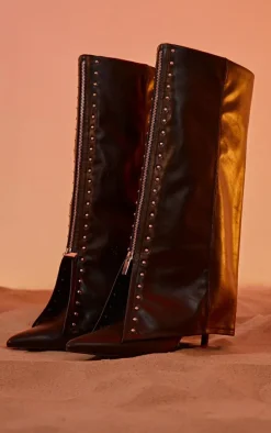 Black PU Point Toe Silver Stud Fold Over High Stiletto Heeled Boots