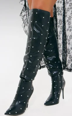 Black PU Point Toe Silver Stud Over The Knee High Stiletto Heeled Boots