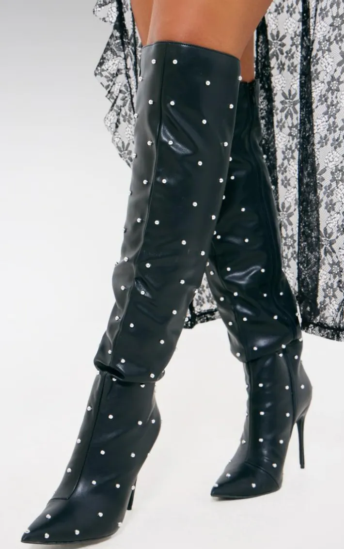 Black PU Point Toe Silver Stud Over The Knee High Stiletto Heeled Boots