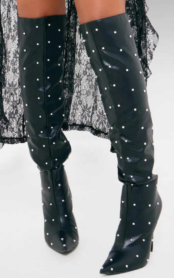 Black PU Point Toe Silver Stud Over The Knee High Stiletto Heeled Boots