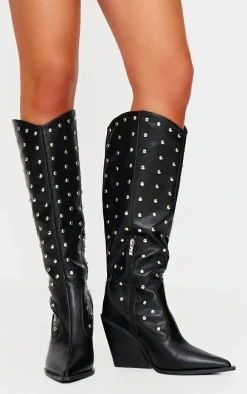 Black PU Point Toe Silver Stud Knee High Block Heel Western Boots