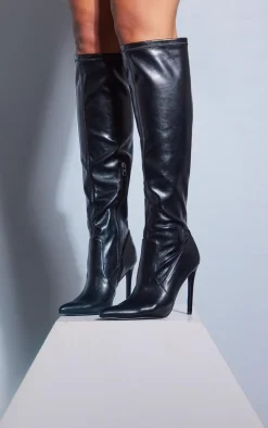 Black Pu Point Toe Stiletto Over The Knee Heeled Boots