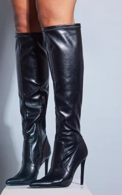 Black Pu Point Toe Stiletto Over The Knee Heeled Boots