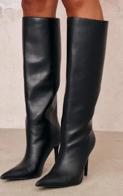 Black PU Point Toe Stiletto Knee High Heeled Boots