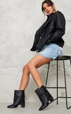 Black PU Point Toe Studded Fold Over Block Heel Ankle Boots