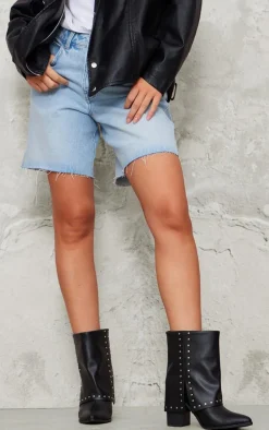 Black PU Point Toe Studded Fold Over Block Heel Ankle Boots