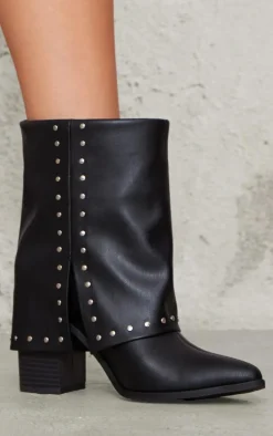 Black PU Point Toe Studded Fold Over Block Heel Ankle Boots