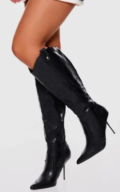 Black PU Point Toe Western Stiletto Heeled Knee High Boots