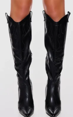 Black PU Point Toe Western Stiletto Heeled Knee High Boots