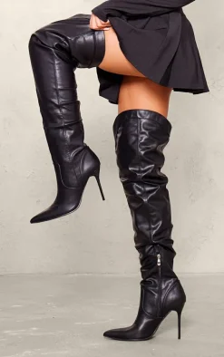 Black PU Point Toe Western Style High Heeled Over The Knee Boots