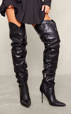 Black PU Point Toe Western Style High Heeled Over The Knee Boots