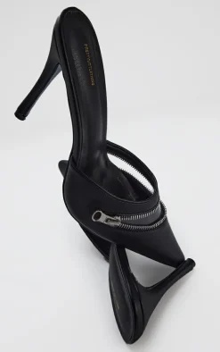 Black Pu Point Toe Zip Vinyl Detail High Stiletto Heeled Mules