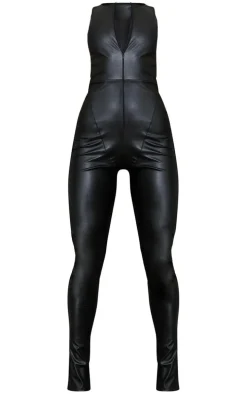 Black PU Racer Neck Split Hem Jumpsuit