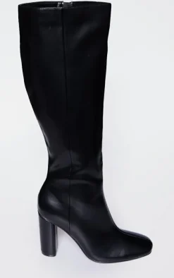 Black PU Round Block Heel Knee High Boots