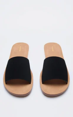 Black Pu Round Toe Basic Mule Flat Sandals