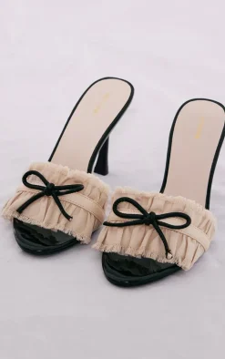 Black Pu Round Toe Bow Detail Frill Strap Heeled Mules