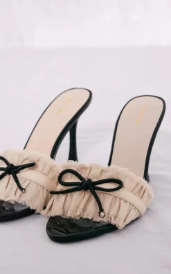 Black Pu Round Toe Bow Detail Frill Strap Heeled Mules