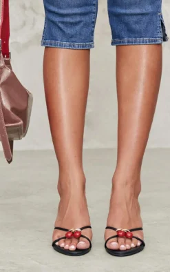 Black PU Round Toe Cherry Trim Heeled Mules