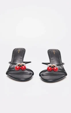 Black PU Round Toe Cherry Trim Heeled Mules