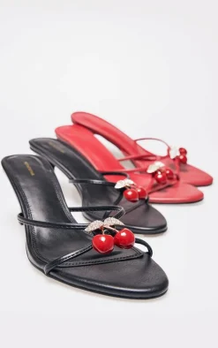 Black PU Round Toe Cherry Trim Heeled Mules