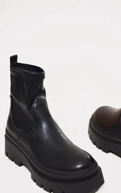 Black PU Round Toe Chunky Platform Sock Ankle Boots