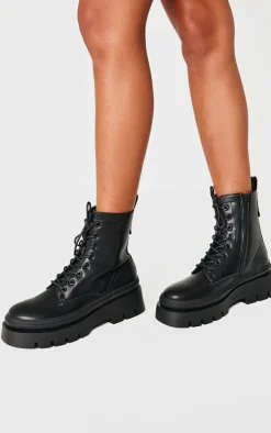 Black PU Round Toe Chunky Sole Biker Boots