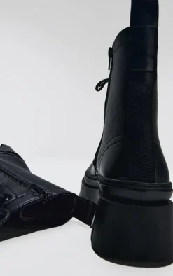 Black PU Round Toe Chunky Sole Biker Boots