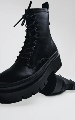 Black PU Round Toe Chunky Sole Biker Boots