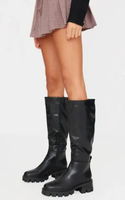 Black Pu Round Toe Chunky Sole Knee High Boots