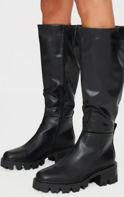 Black Pu Round Toe Chunky Sole Knee High Boots