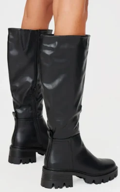 Black Pu Round Toe Chunky Sole Knee High Boots