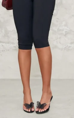 Black PU Round Toe Clear Strap Butterfly Heeled Mules