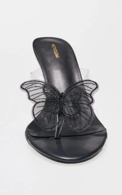 Black PU Round Toe Clear Strap Butterfly Heeled Mules