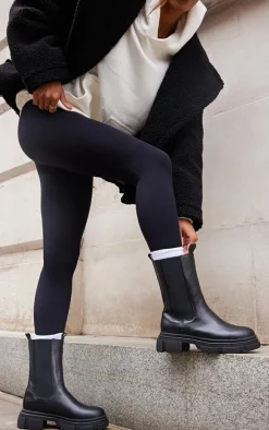 Black PU Round Toe Cleated Chunky Sole Ankle Boots