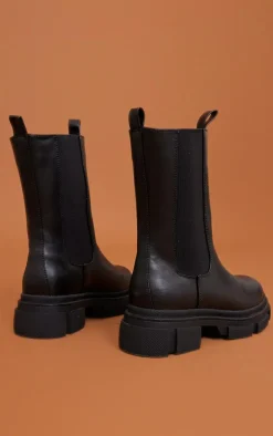 Black PU Round Toe Cleated Chunky Sole Ankle Boots