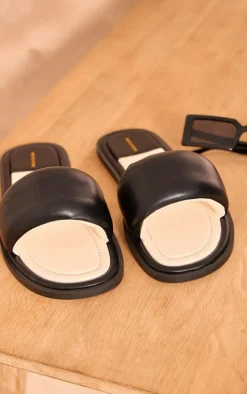 Black Pu Round Toe Contrast Slider Sandals