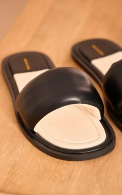 Black Pu Round Toe Contrast Slider Sandals