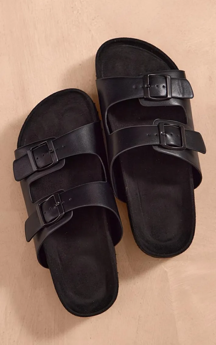Black PU Round Toe Double Buckle Strap Chunky Flat Sandals