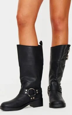 Black PU Round Toe Double Buckle Knee High Boots