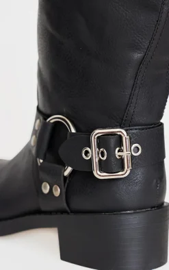 Black PU Round Toe Double Buckle Knee High Boots