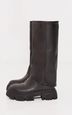 Black PU Round Toe Fold Over Chunky Knee High Boots