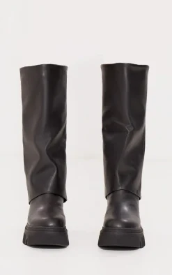 Black PU Round Toe Fold Over Chunky Knee High Boots