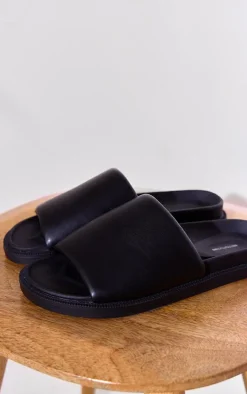 Black PU Round Toe Footbed Flat Sandals