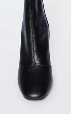 Black PU Round Toe Heeled Ankle Sock Boots